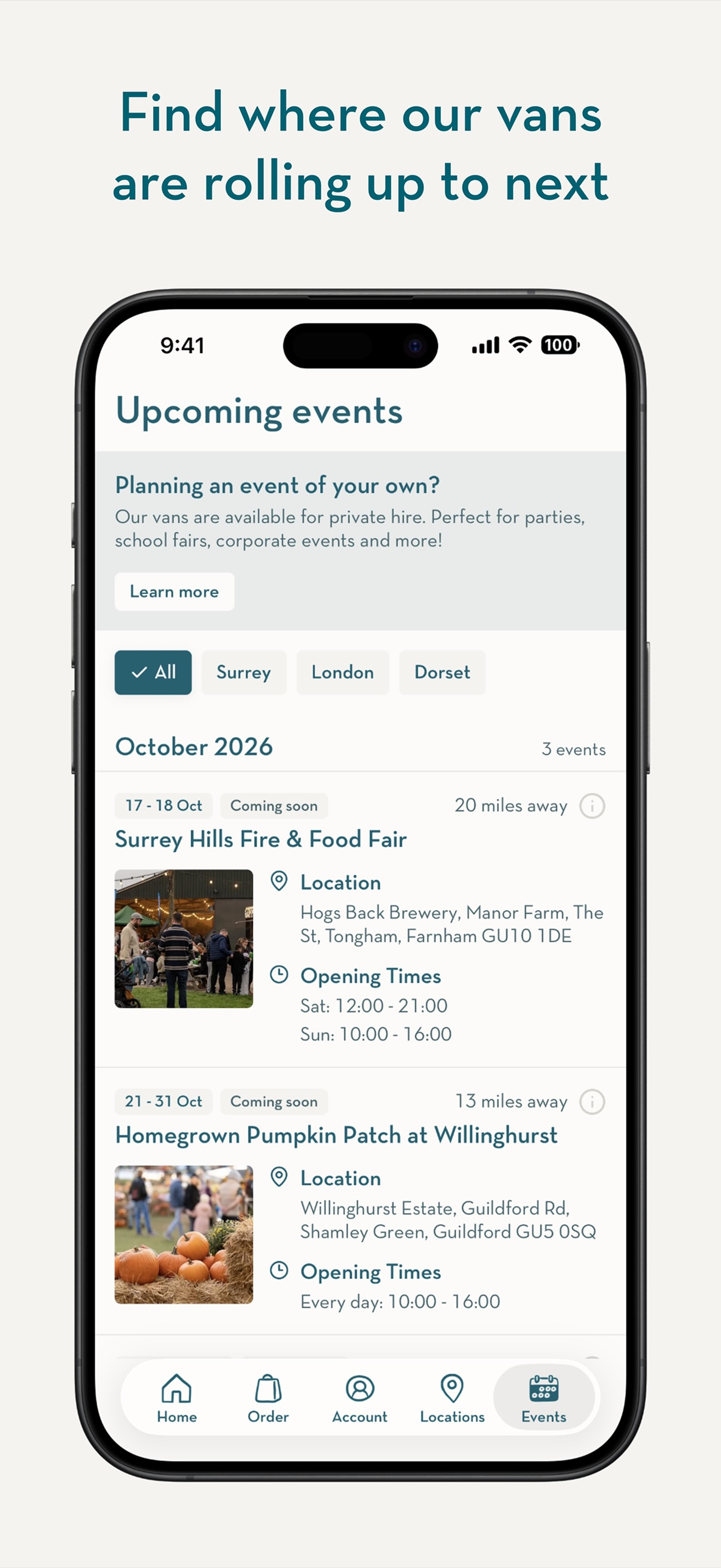 App screen listing where the vans are rolling up to next