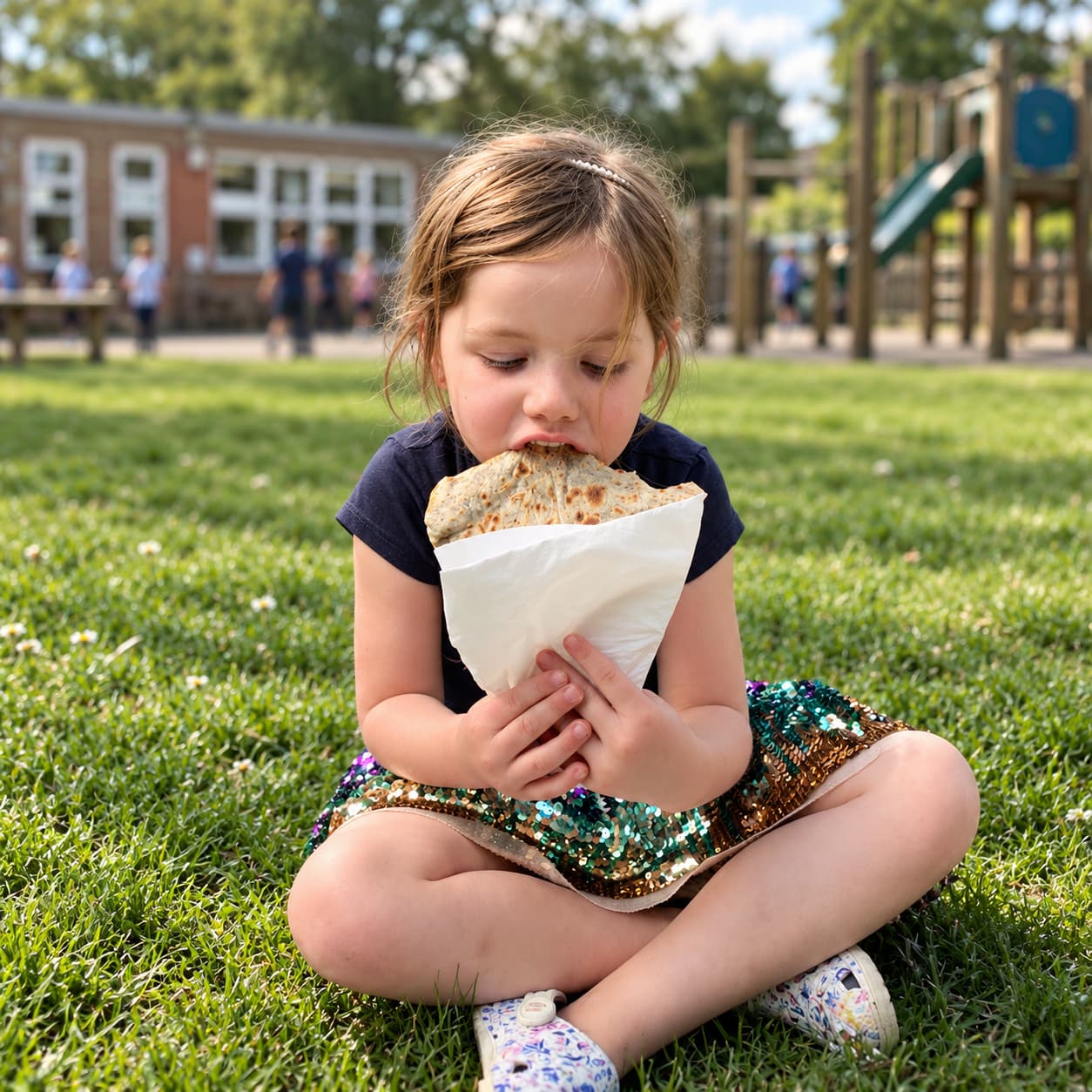 A child eating a crepe on the grass beside a playground
