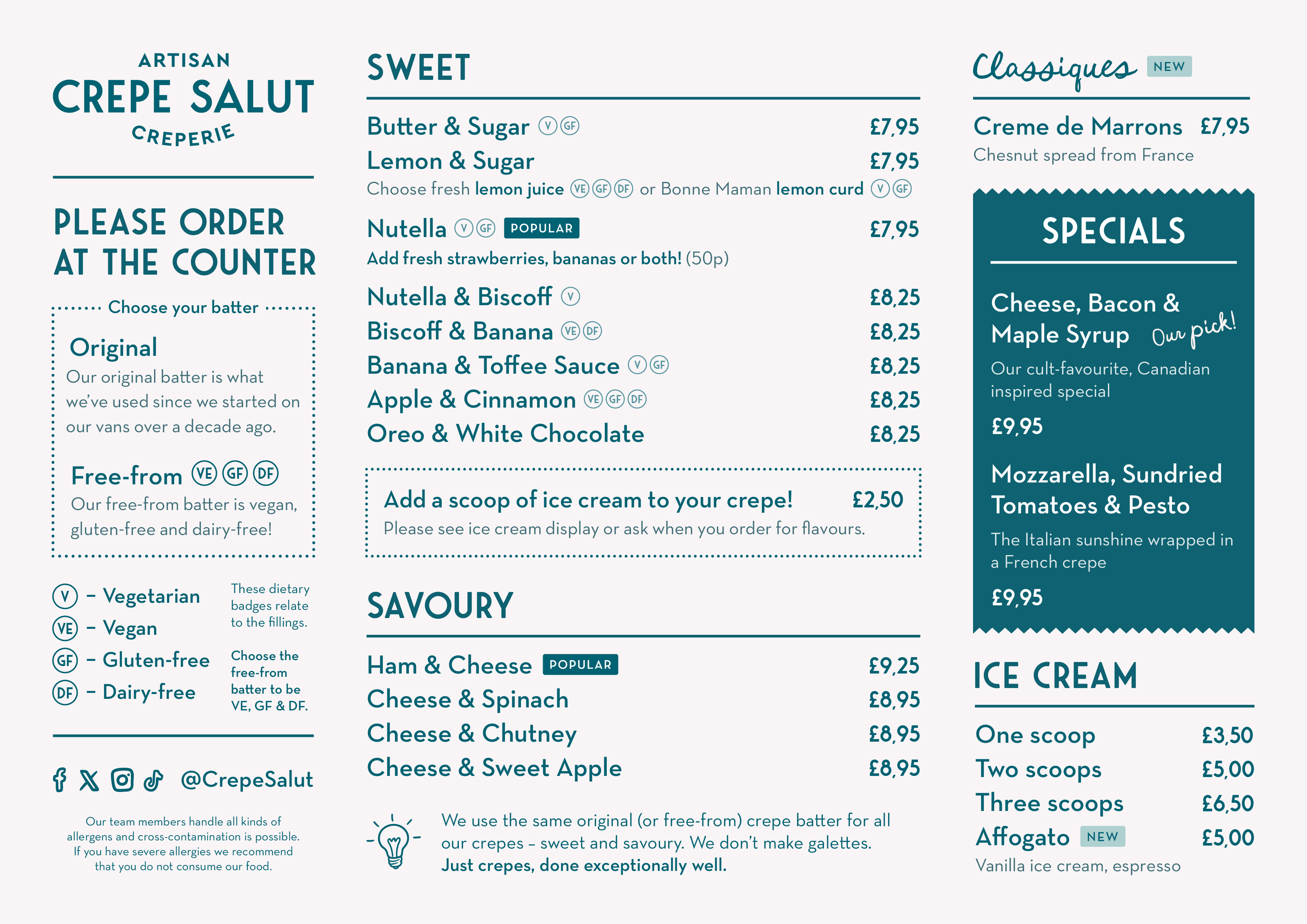 The front of the Crepe Salut menu: sweet and savoury crepes and ice cream