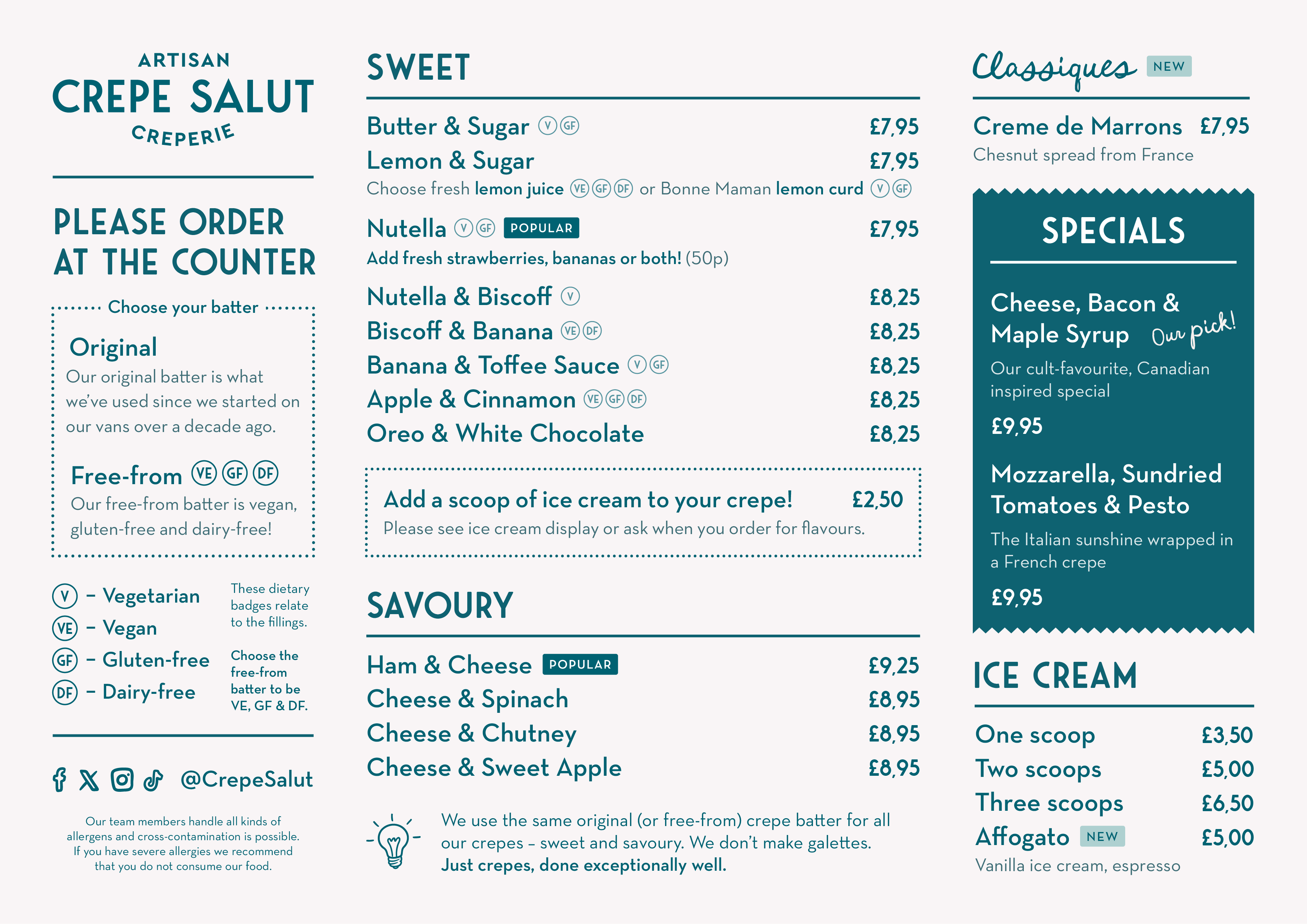 The front of the Crepe Salut menu: sweet and savoury crepes and ice cream