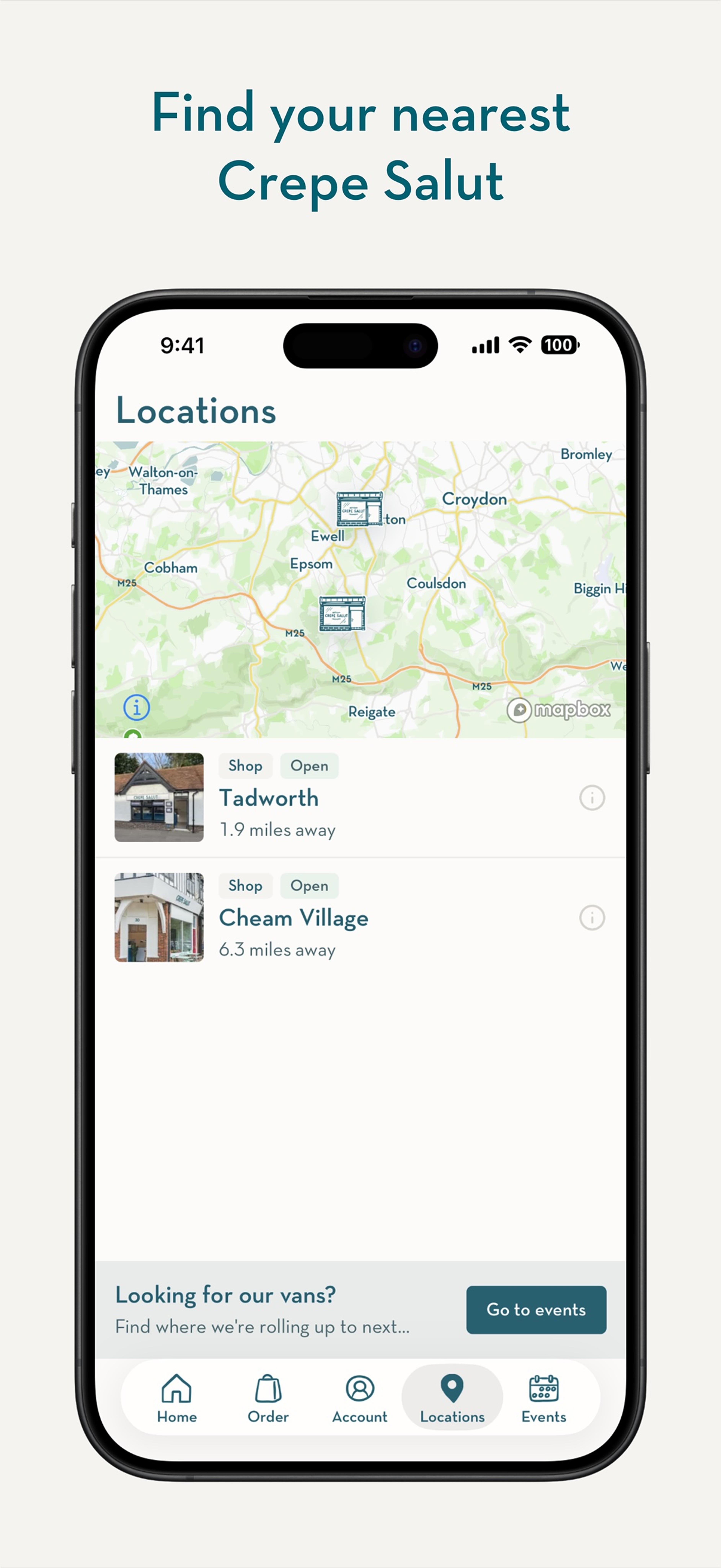 App screen with a map of the nearest creperies and vans