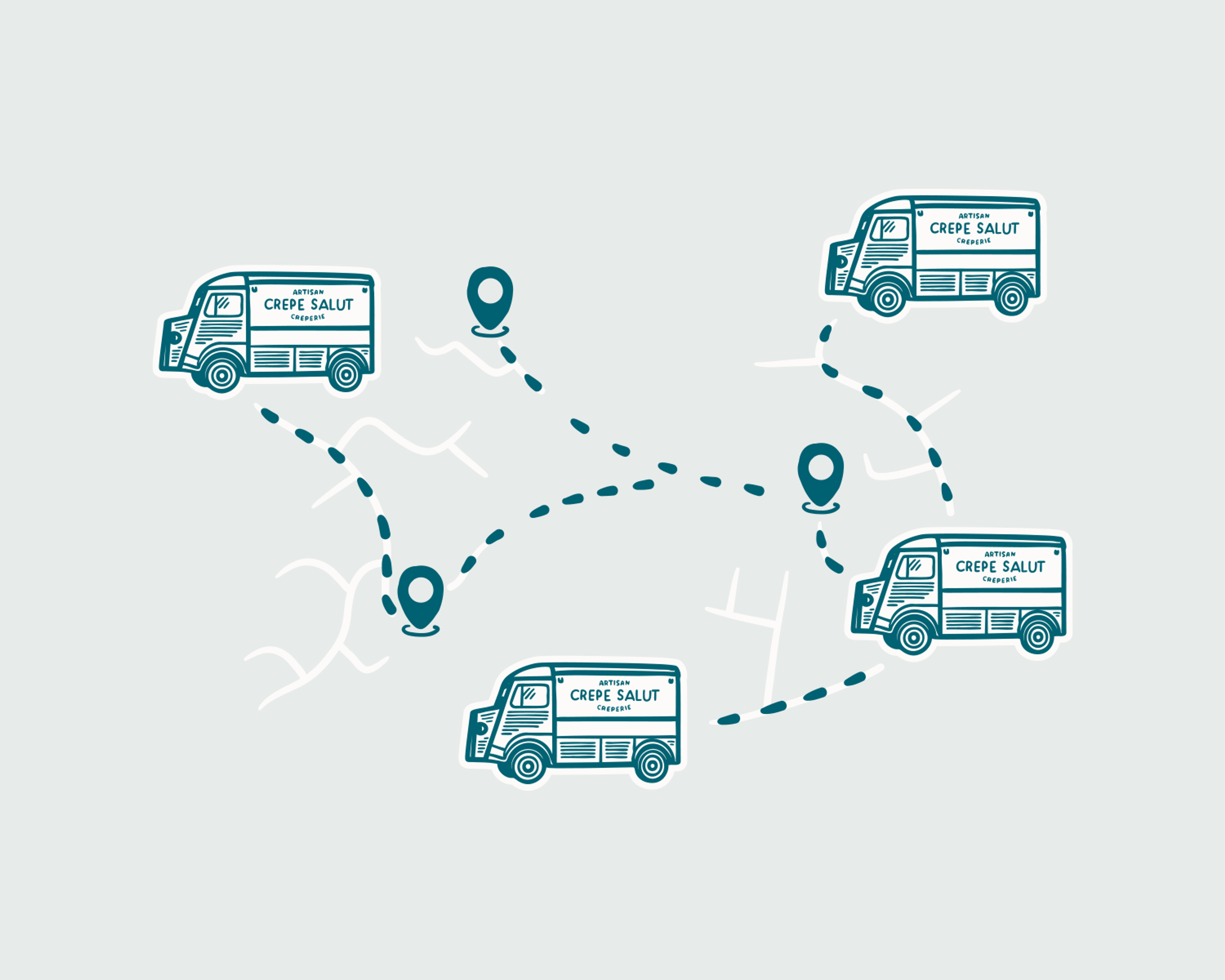 Illustrated map of Crepe Salut vans and creperies