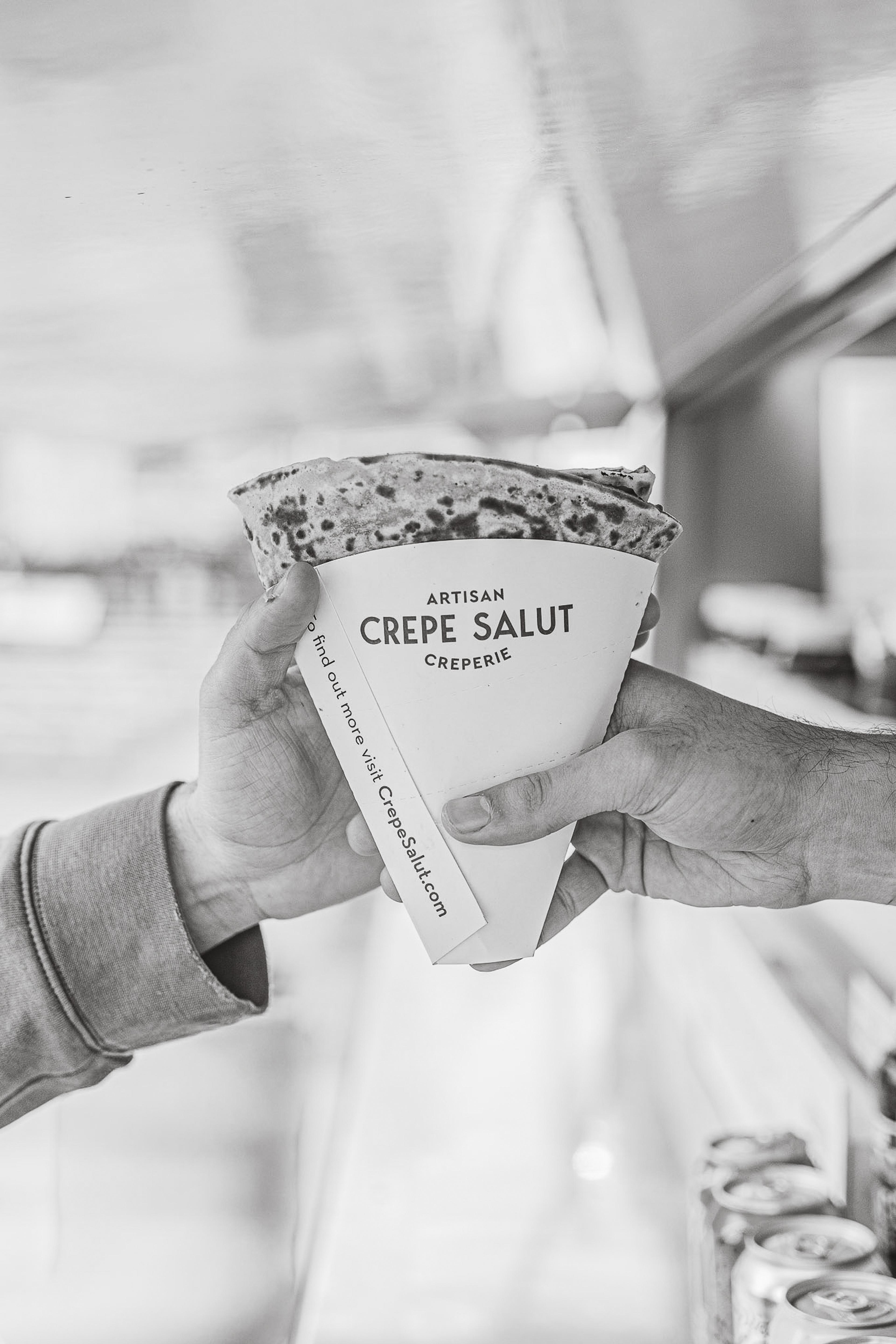 A crepe in a Crepe Salut branded cone