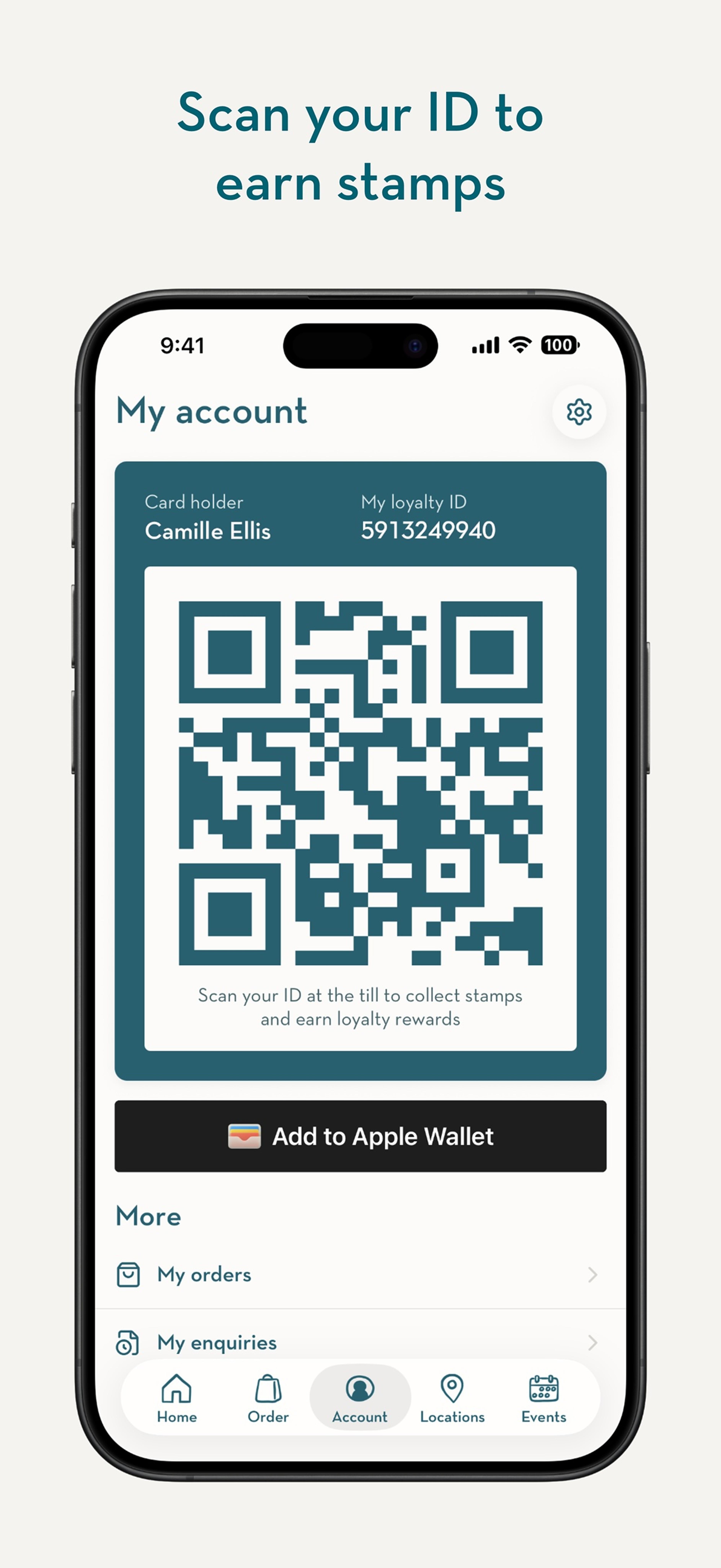 App screen with a QR code to scan at the till for stamps