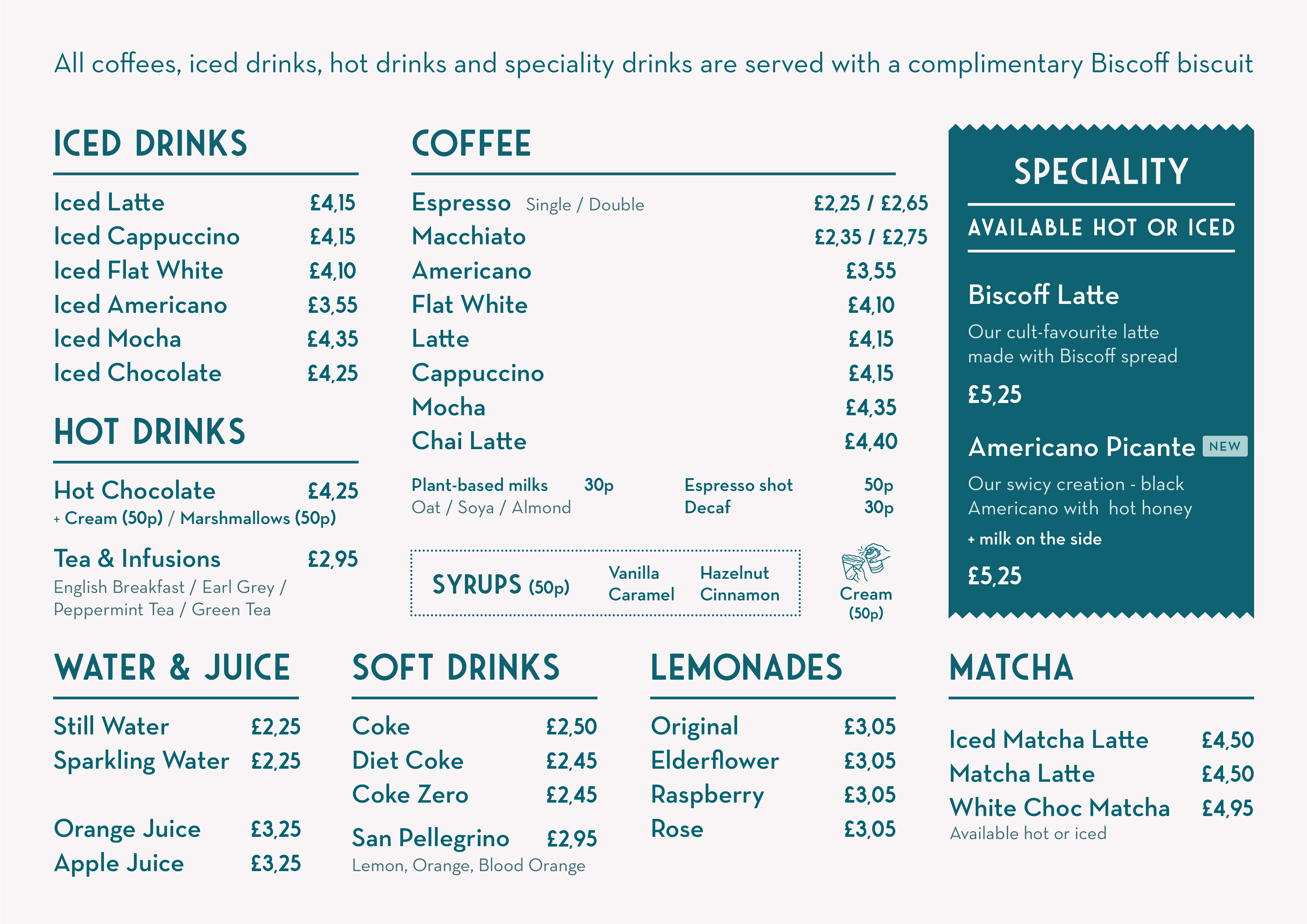 The back of the Crepe Salut menu: coffee, iced drinks, hot drinks and matcha