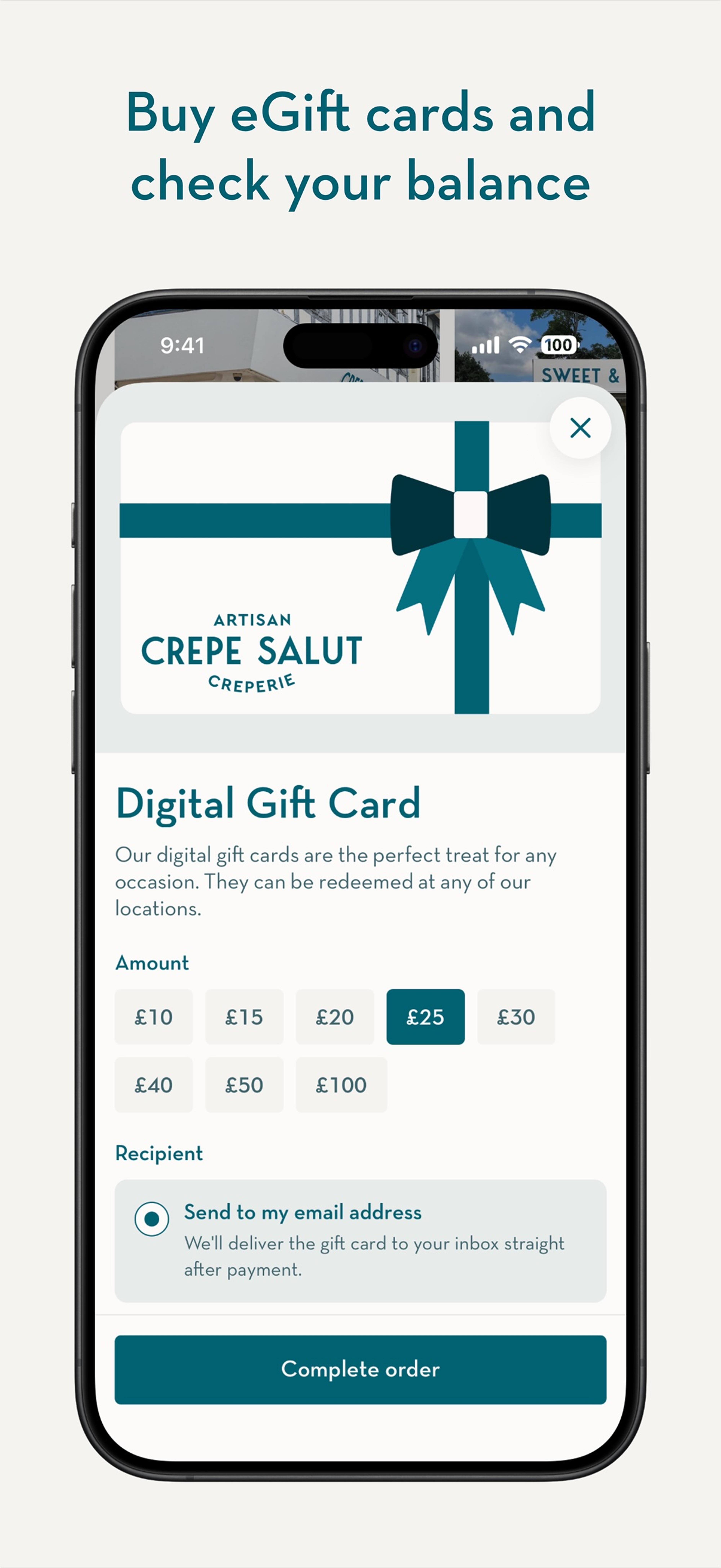 App screen for buying eGift cards and checking a balance
