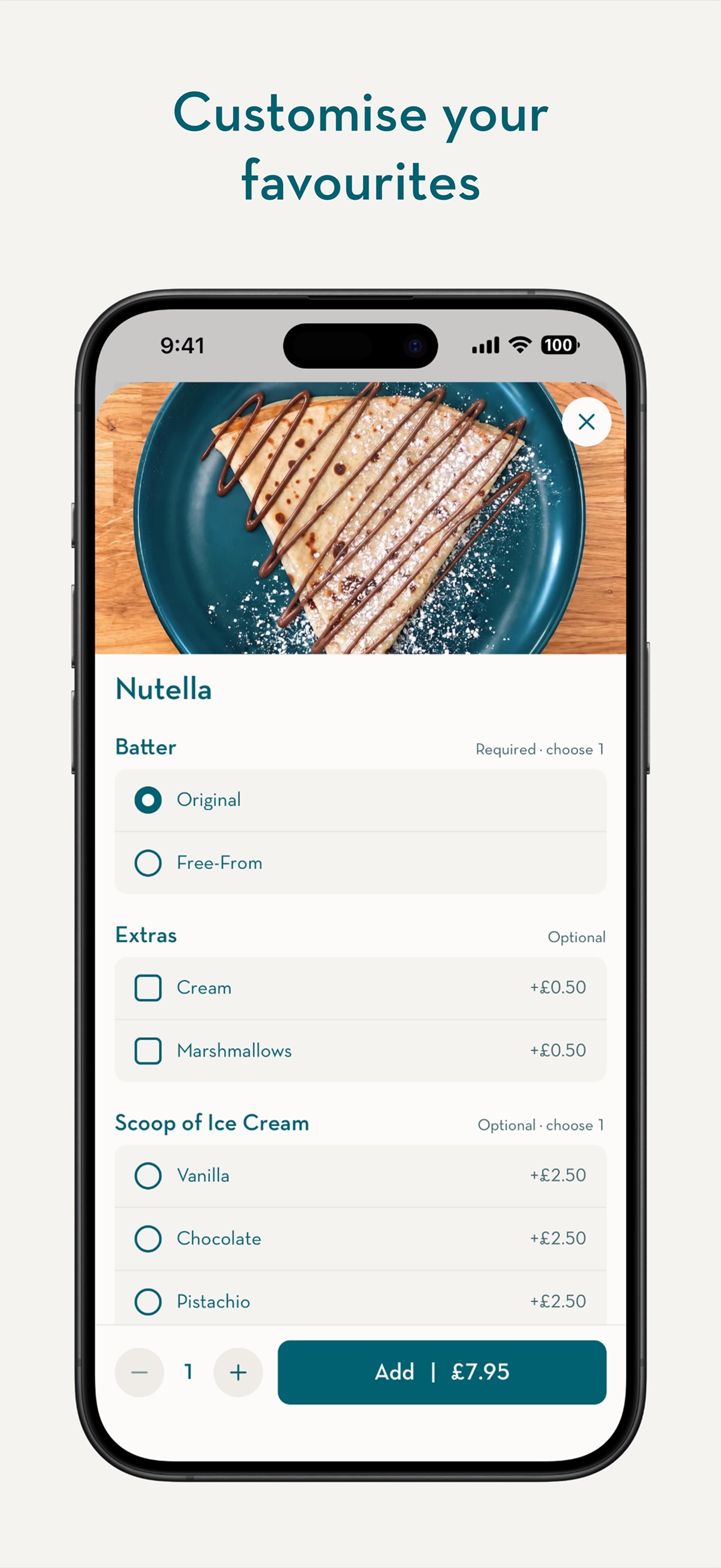 App screen for customising a crepe order