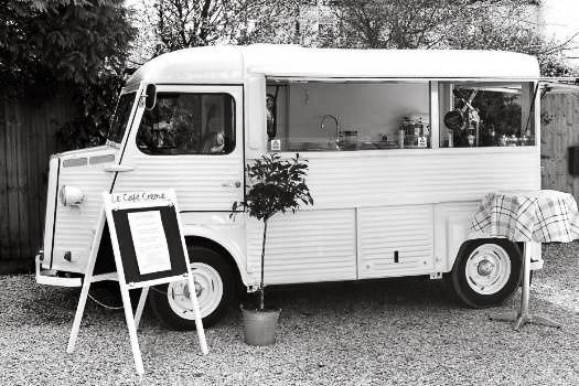 Josephine, our vintage Citroën van, with a chalkboard sign