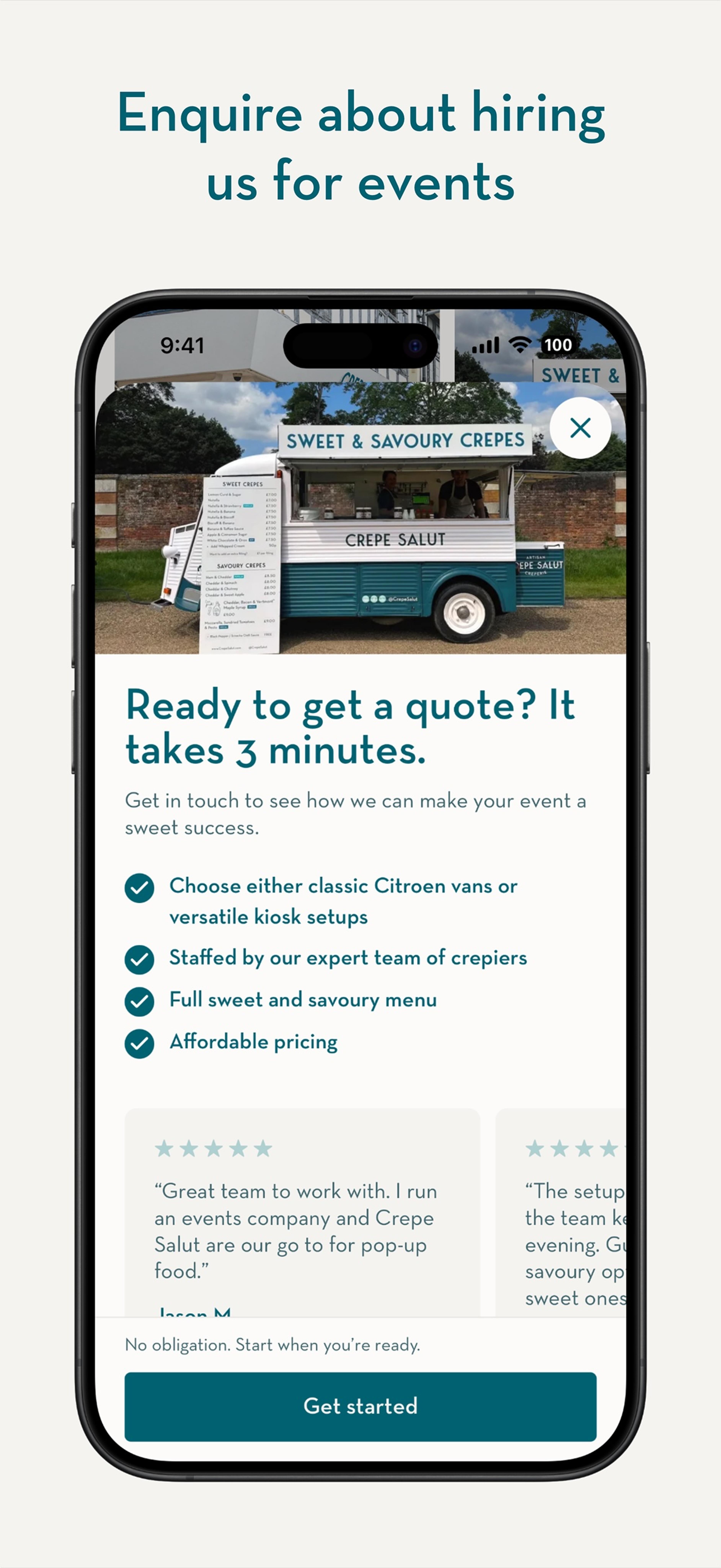 App screen for enquiring about hiring a van