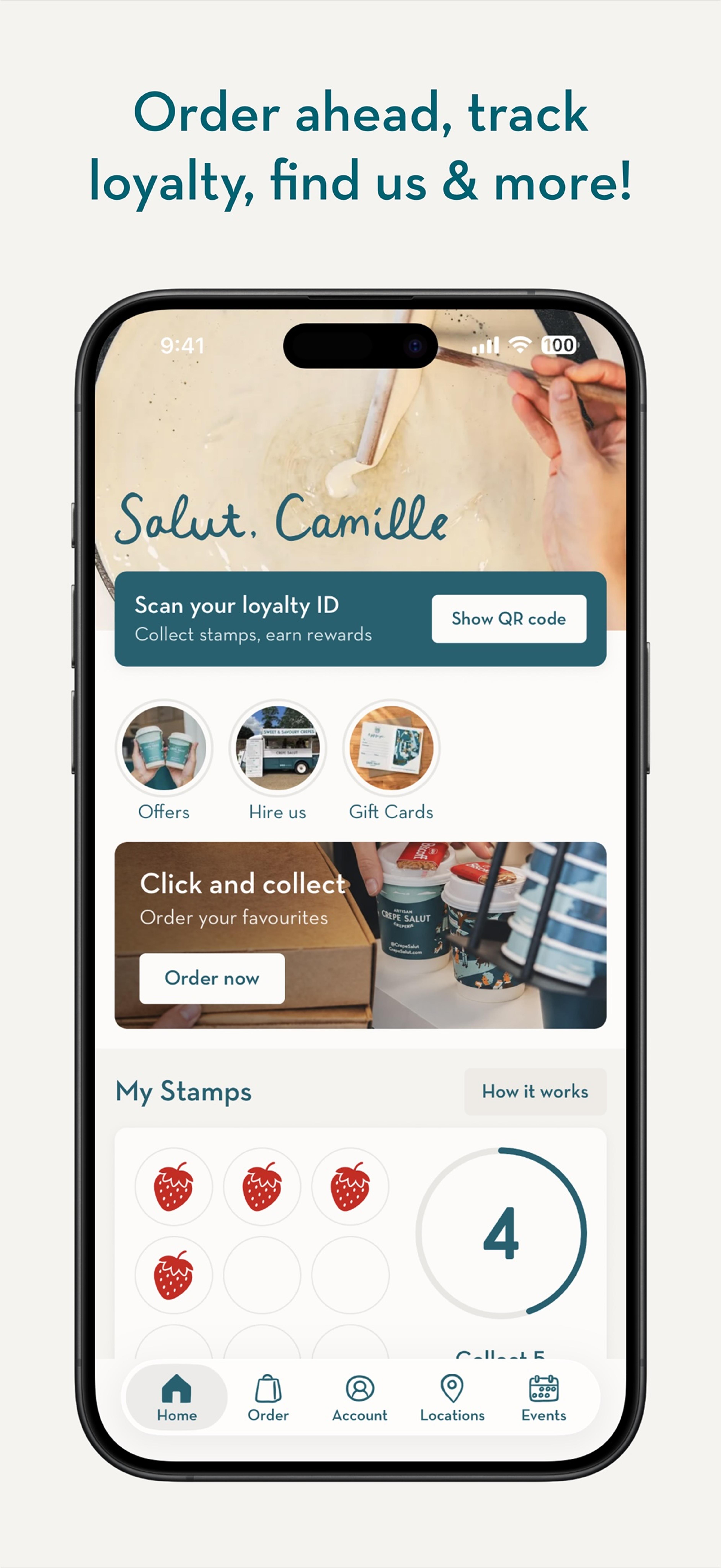 The app's home screen with stamps and ordering