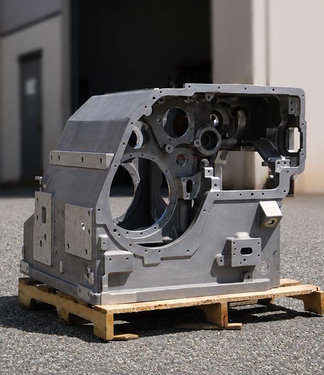 Large machined structural frame on a shipping pallet