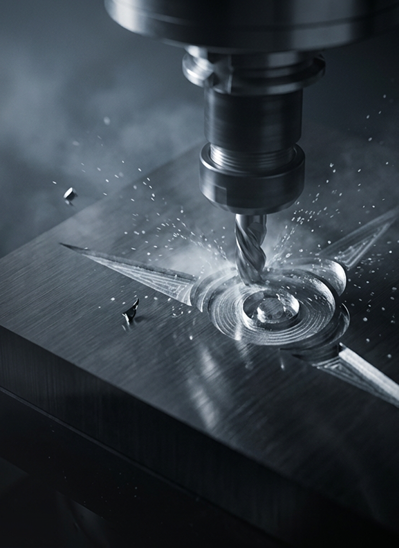 Carbide drill boring a steel plate under high-speed machining