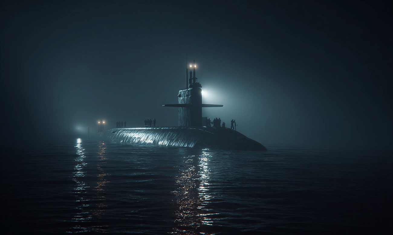Submarine surfaced at night with deck lights on