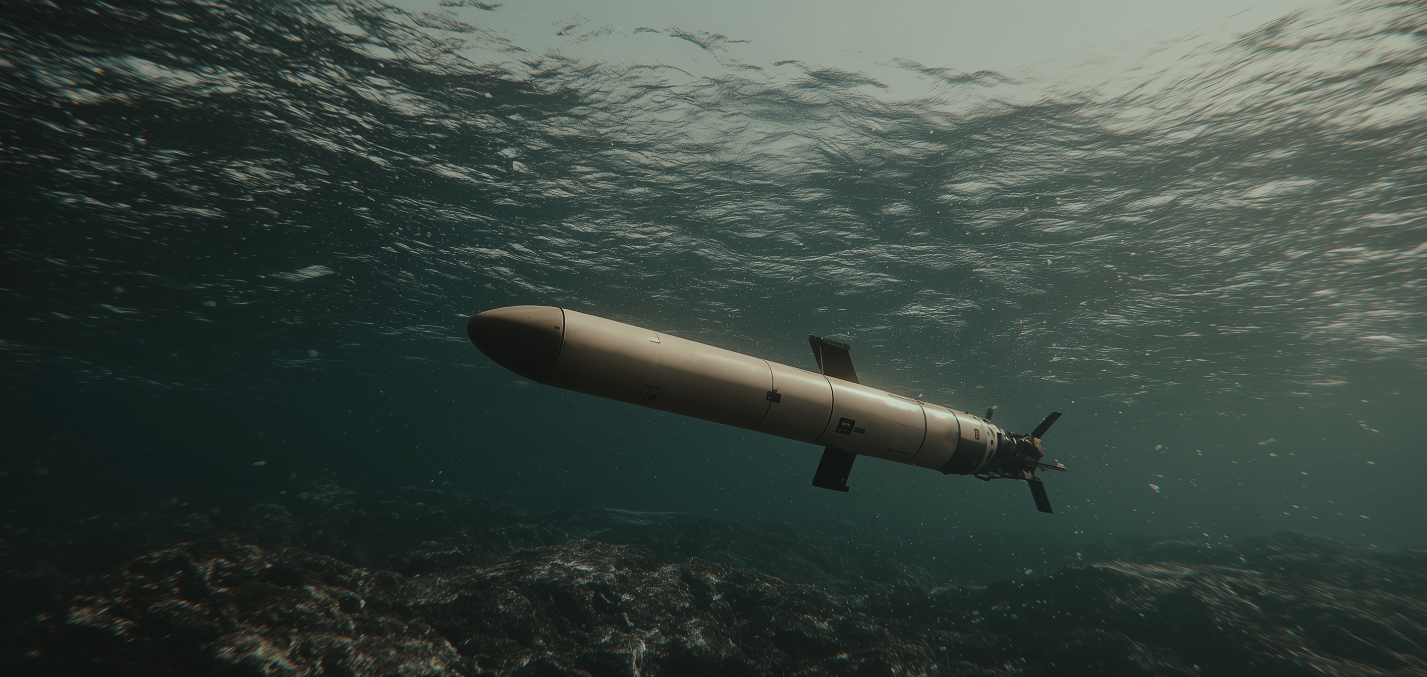 Training torpedo running submerged above a coral reef