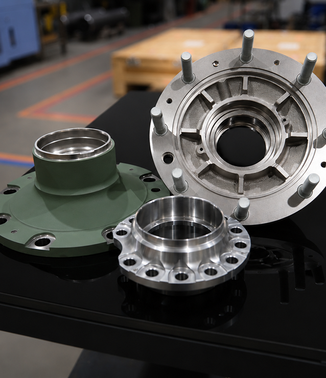 Set of precision-machined flanges and housings on a pallet