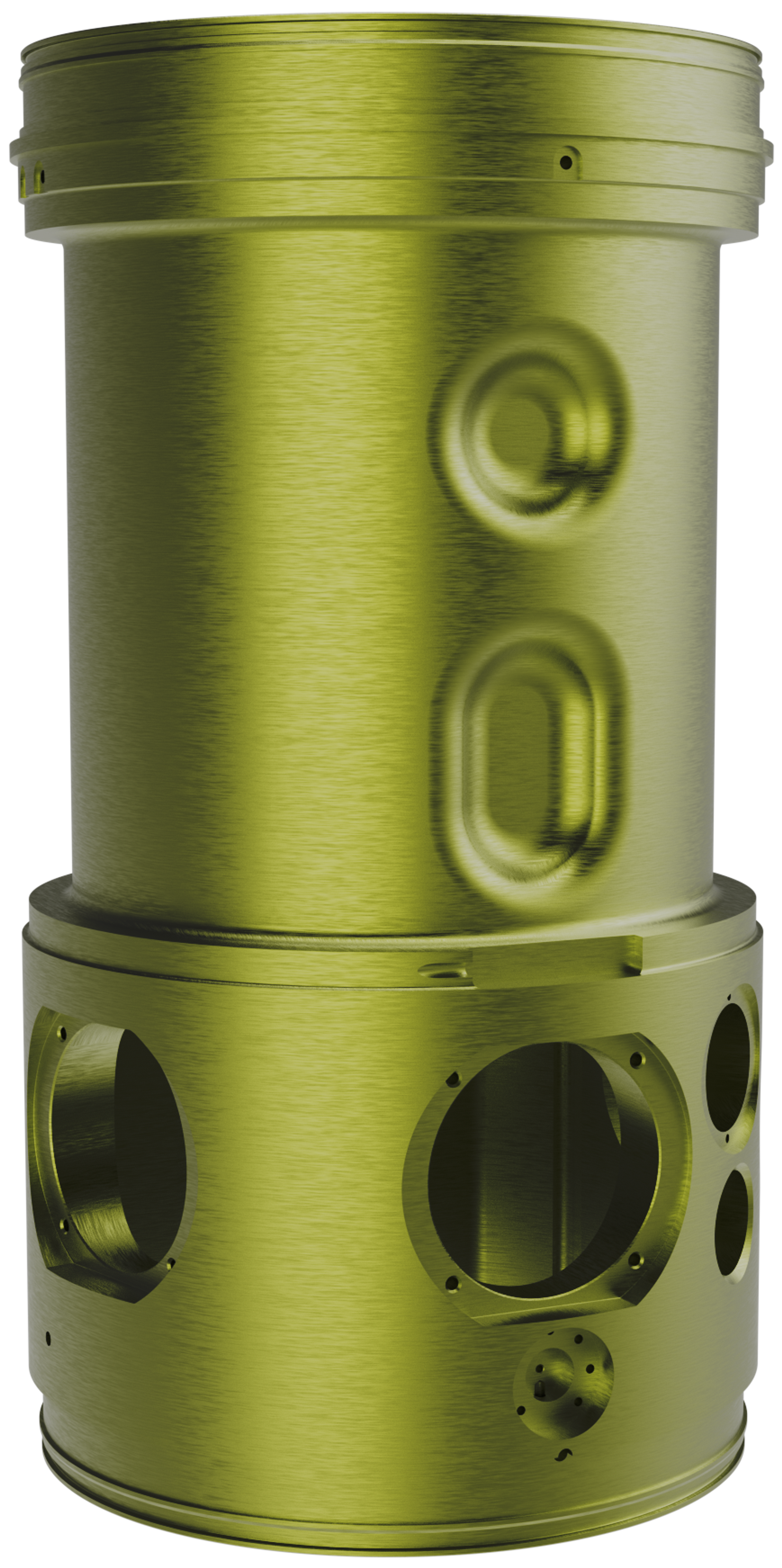 Large machined cylindrical housing in gold-anodised aluminium with multiple bored ports