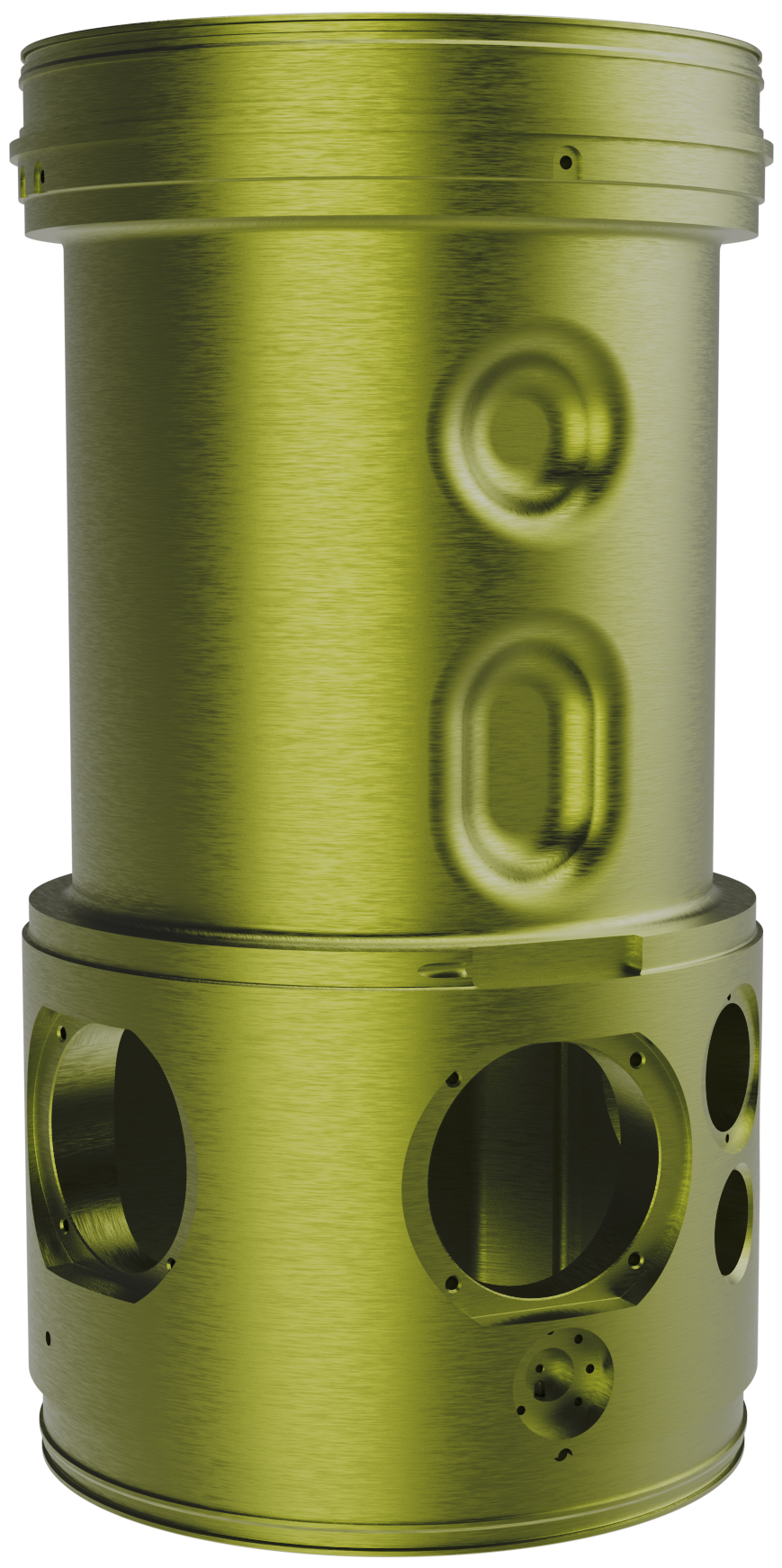 Large machined cylindrical housing in gold-anodised aluminium with multiple bored ports
