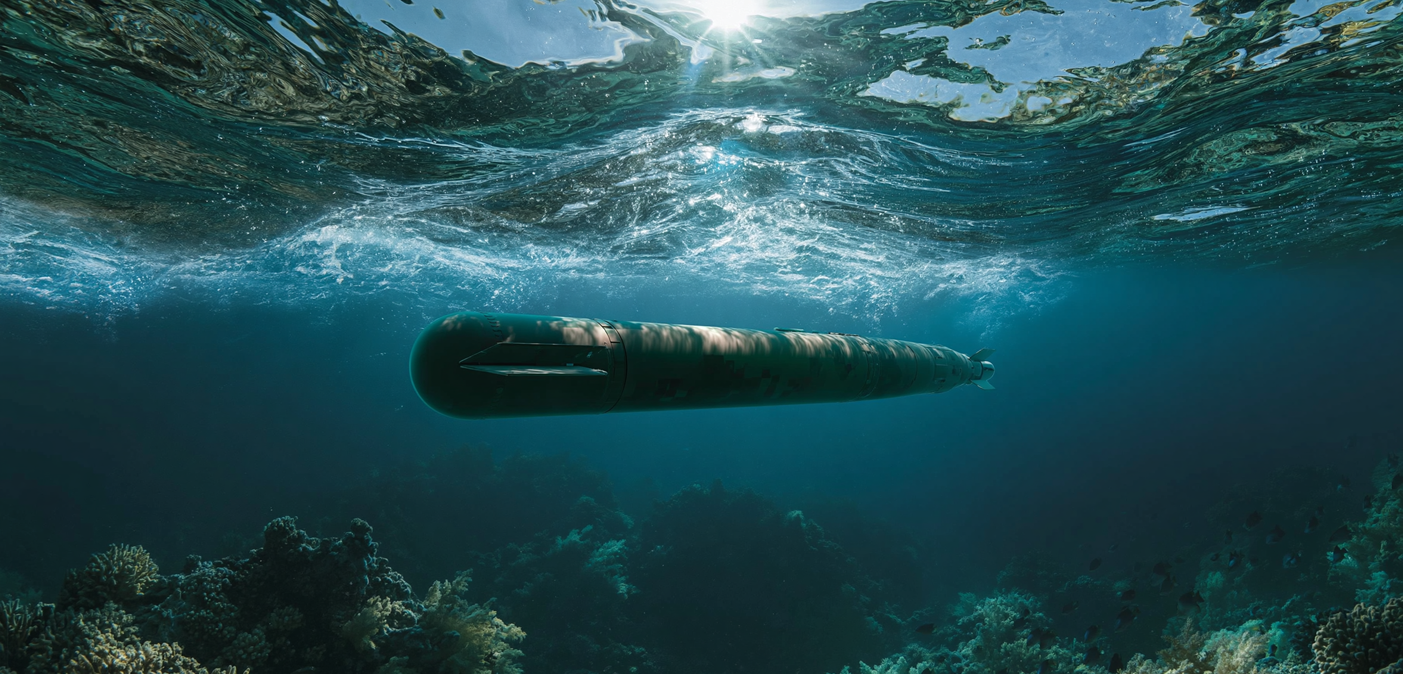Training torpedo running submerged in clear open water