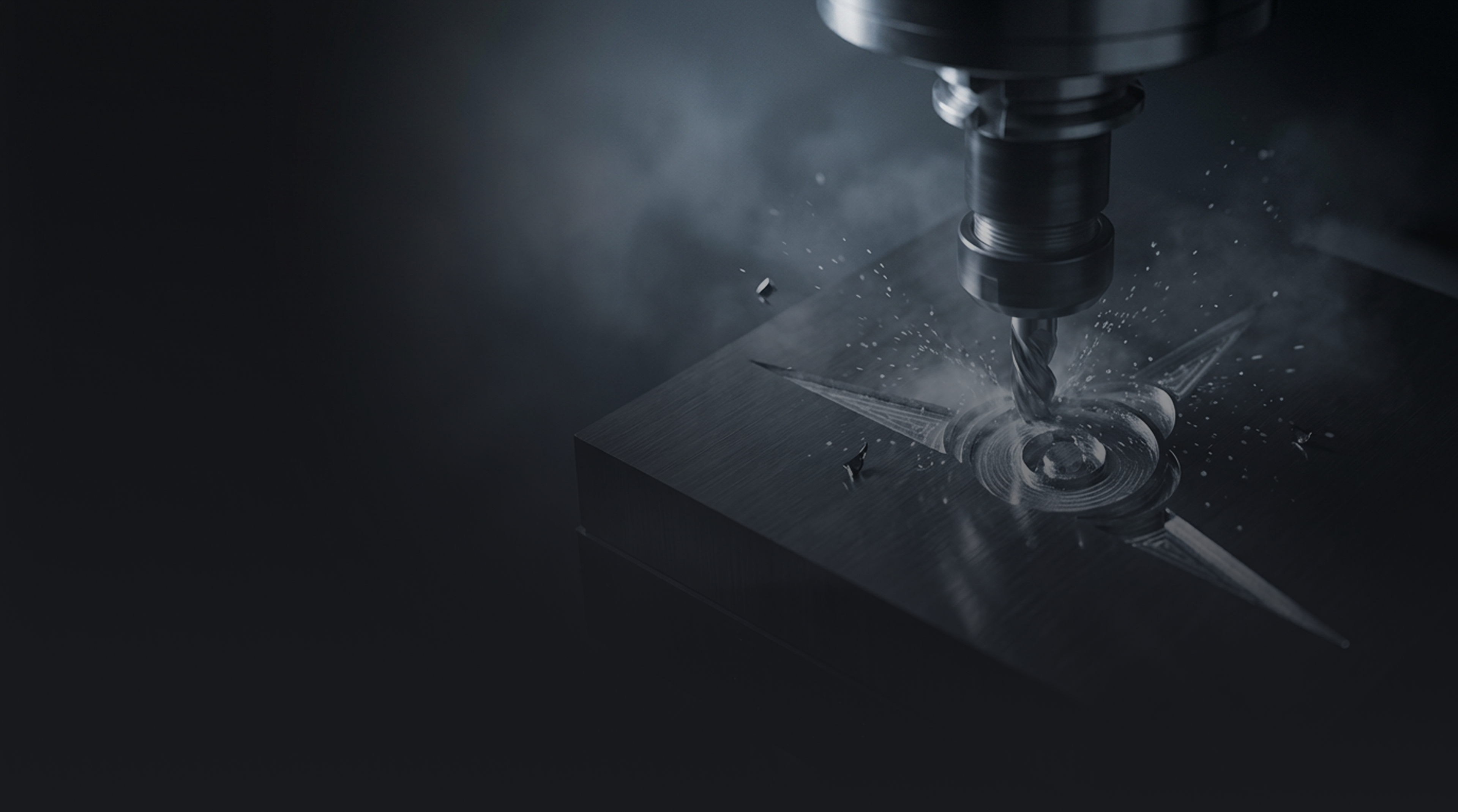 Carbide drill cutting into a steel plate, throwing chips and coolant mist
