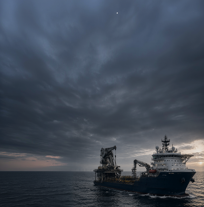 An offshore support and cable-laying vessel at sea at twilight, with wind turbines on the horizon