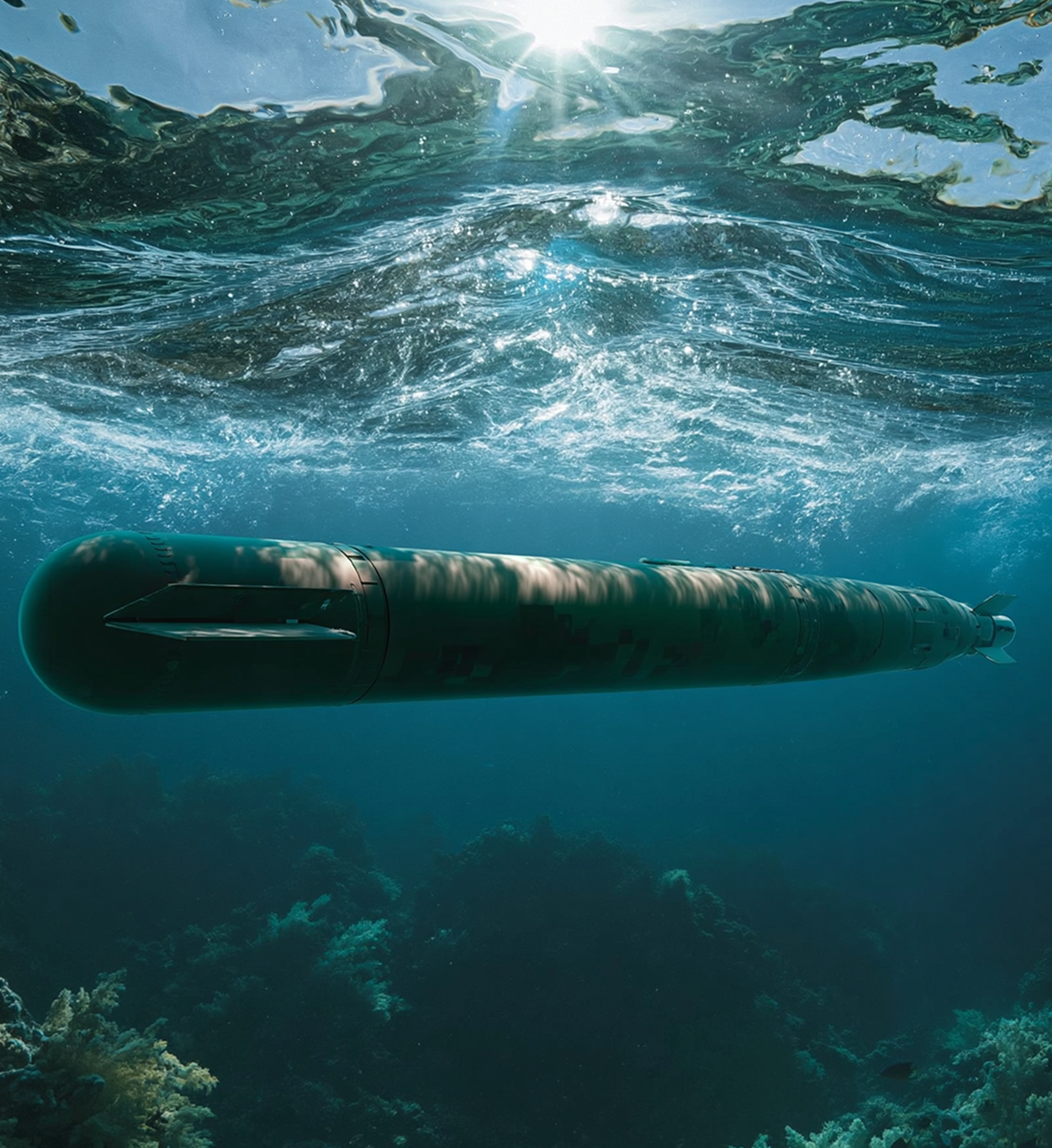 Training torpedo running submerged in clear open water