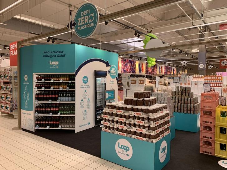 Refilled packaging containing familiar products on display in a Carrefour