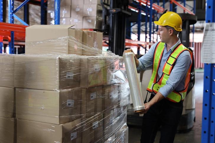 Warehouse worker with hardhat wrapping boxes in stretch film parcel on pallet