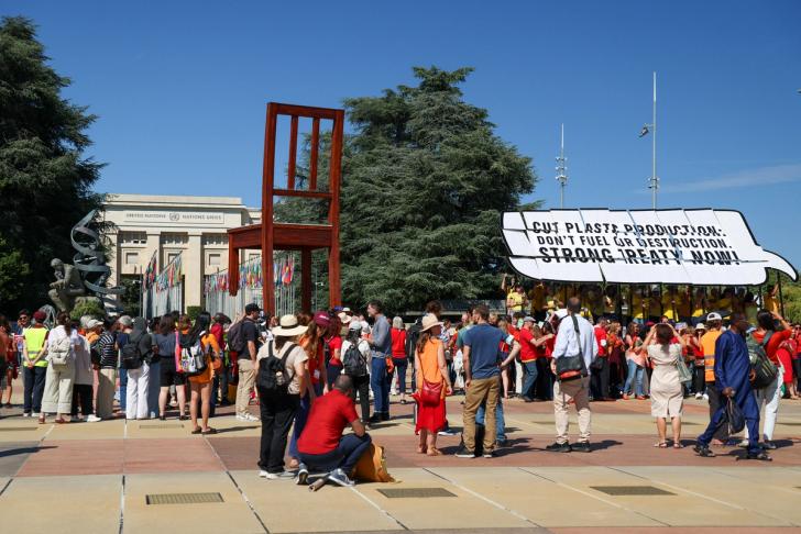 Outside the Intergovernmental Negotiating Committee on plastic pollution in Geneva