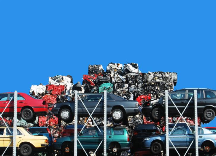 End of life cars stacked up in front of bales of metal