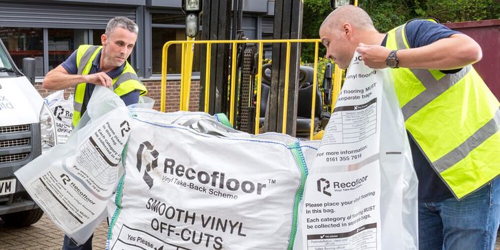 Recofloor collection bags being used on site for collecting unneeded vinyl off-cuts