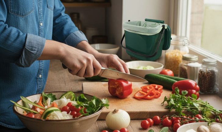 Person preparing food with scraps put in a food waste caddy