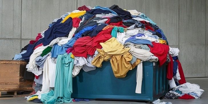 Pile of discarded, used textiles in bin