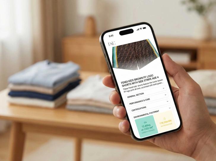Hand holding smart phone with screen of digital product passport app