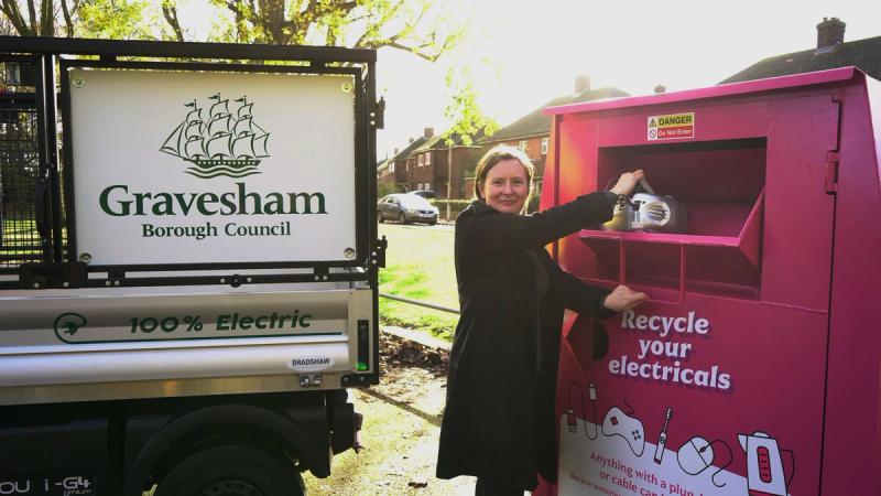 Person using a Recycle Your Electricals bank in Gravesham