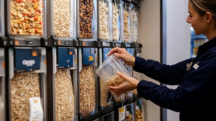 A woman refilling an empty container at a refill station