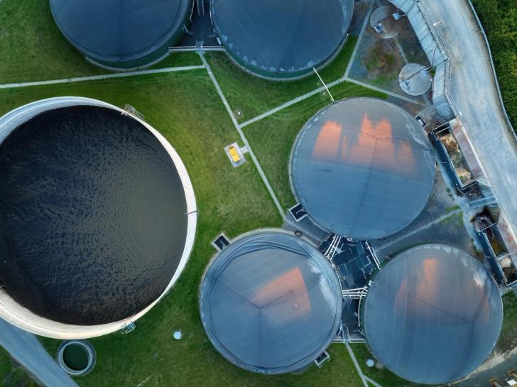 Aerial view of biodigesters at an anaerobic digestion plant