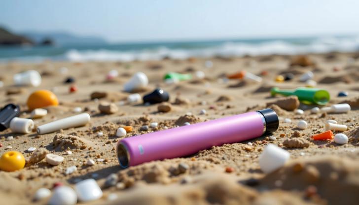 Pink disposable vape discarded on a beach