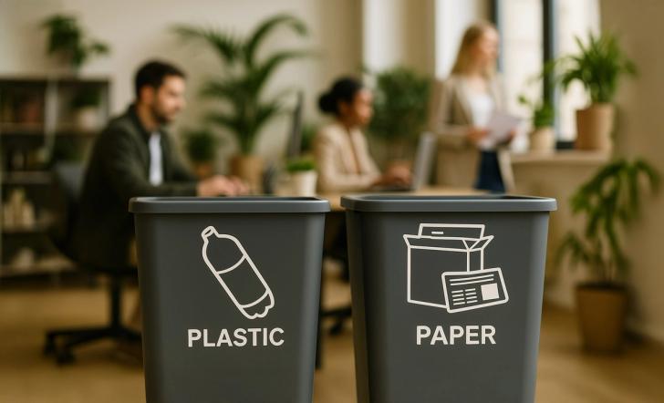 Plastic and paper recycling bins in an office