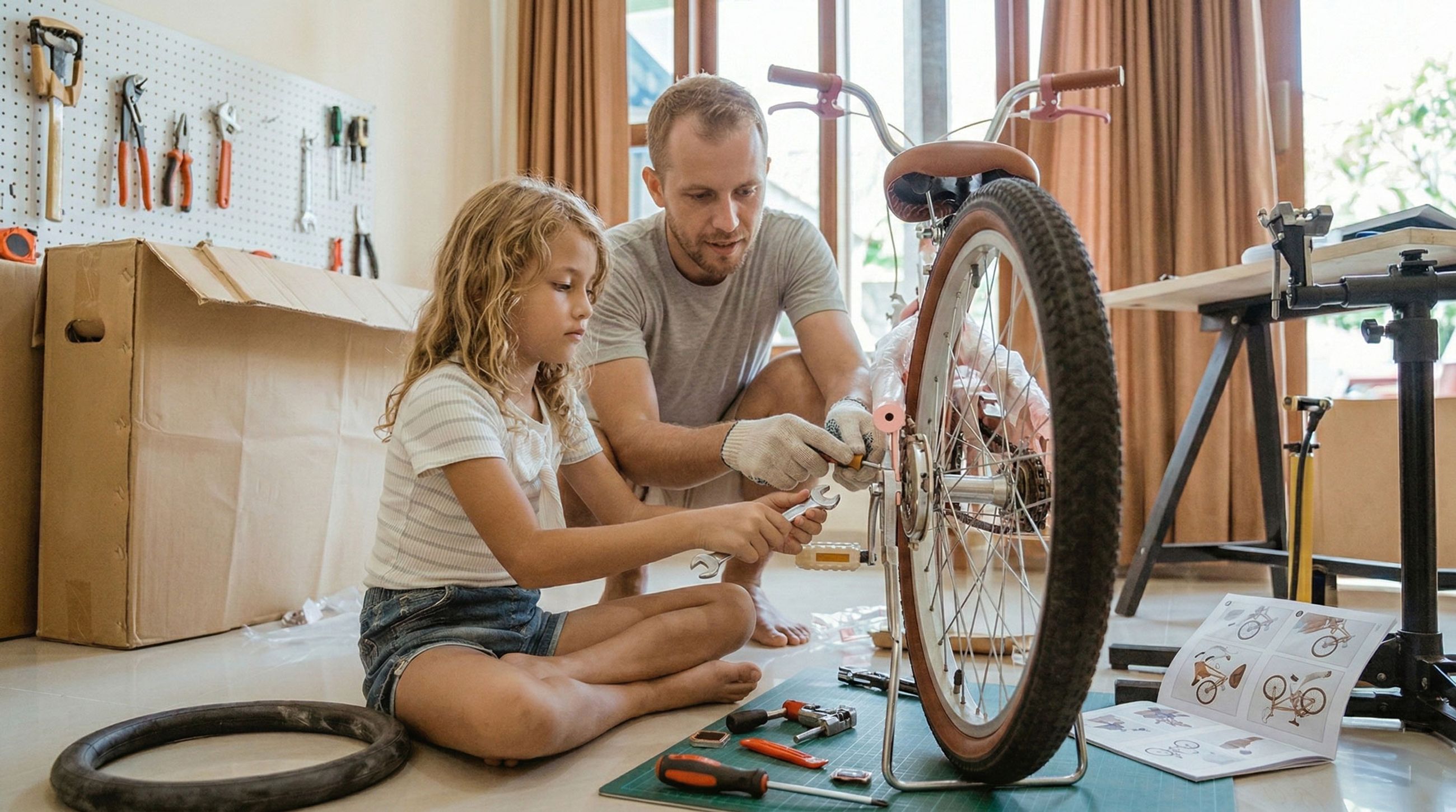 Father teaches his daughter to repair a bike