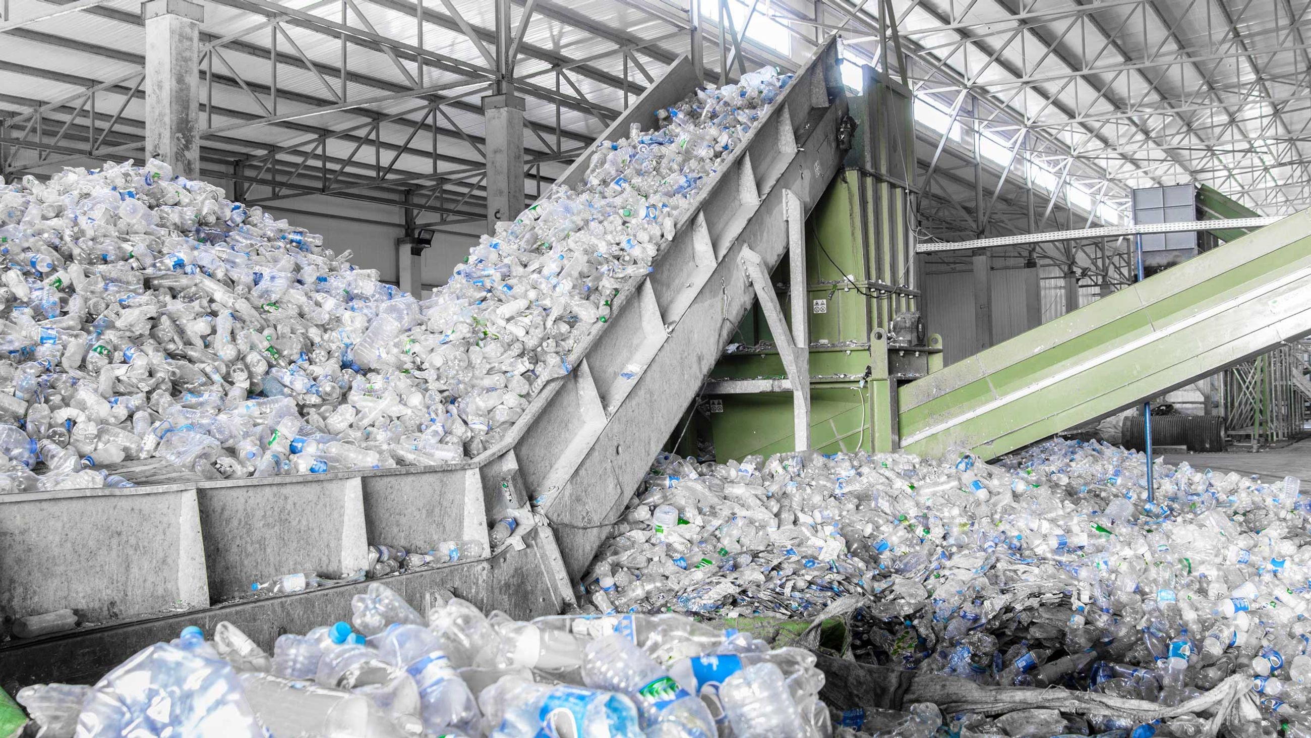Plastic bottles at a plastic recycling facility