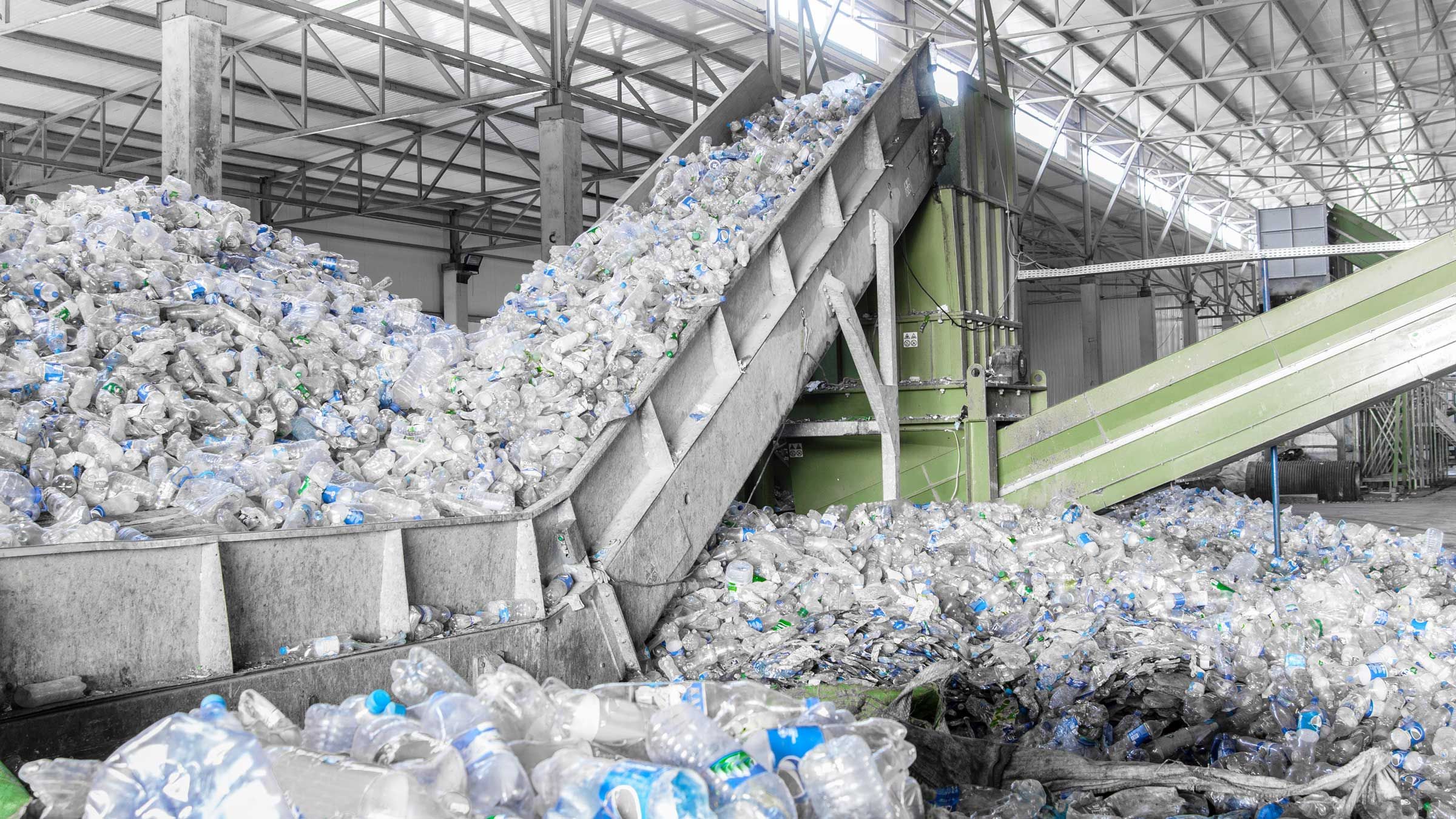 Plastic bottles at a plastic recycling facility
