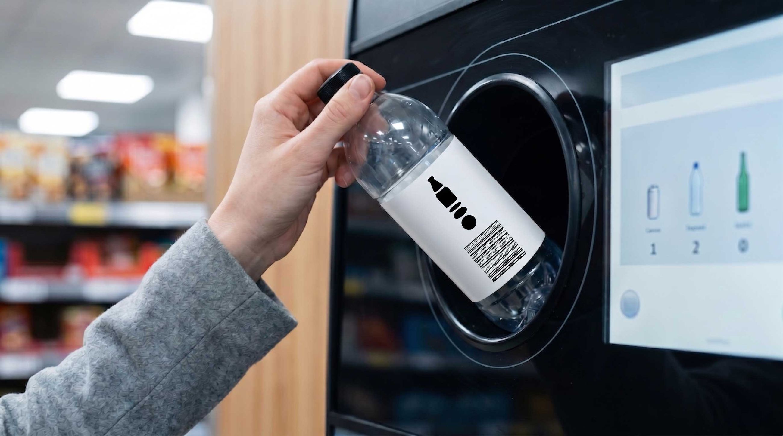 Bottle being placed in a reverse ending machine with Exchange for Change logo on its side