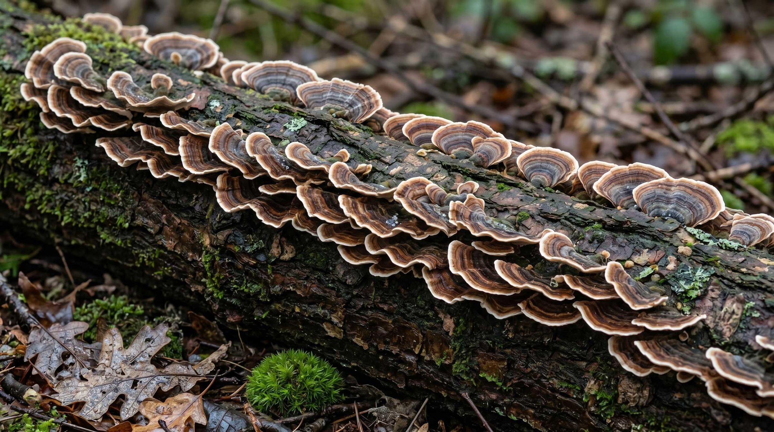 Turkey tail growing on a log