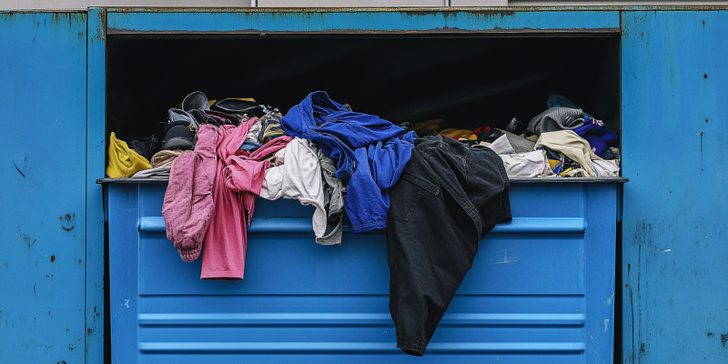 Blue bin filled with waste clothing