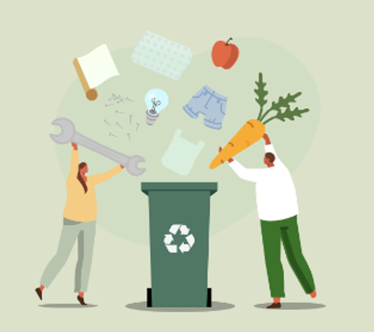 cartoon people putting food in bin 