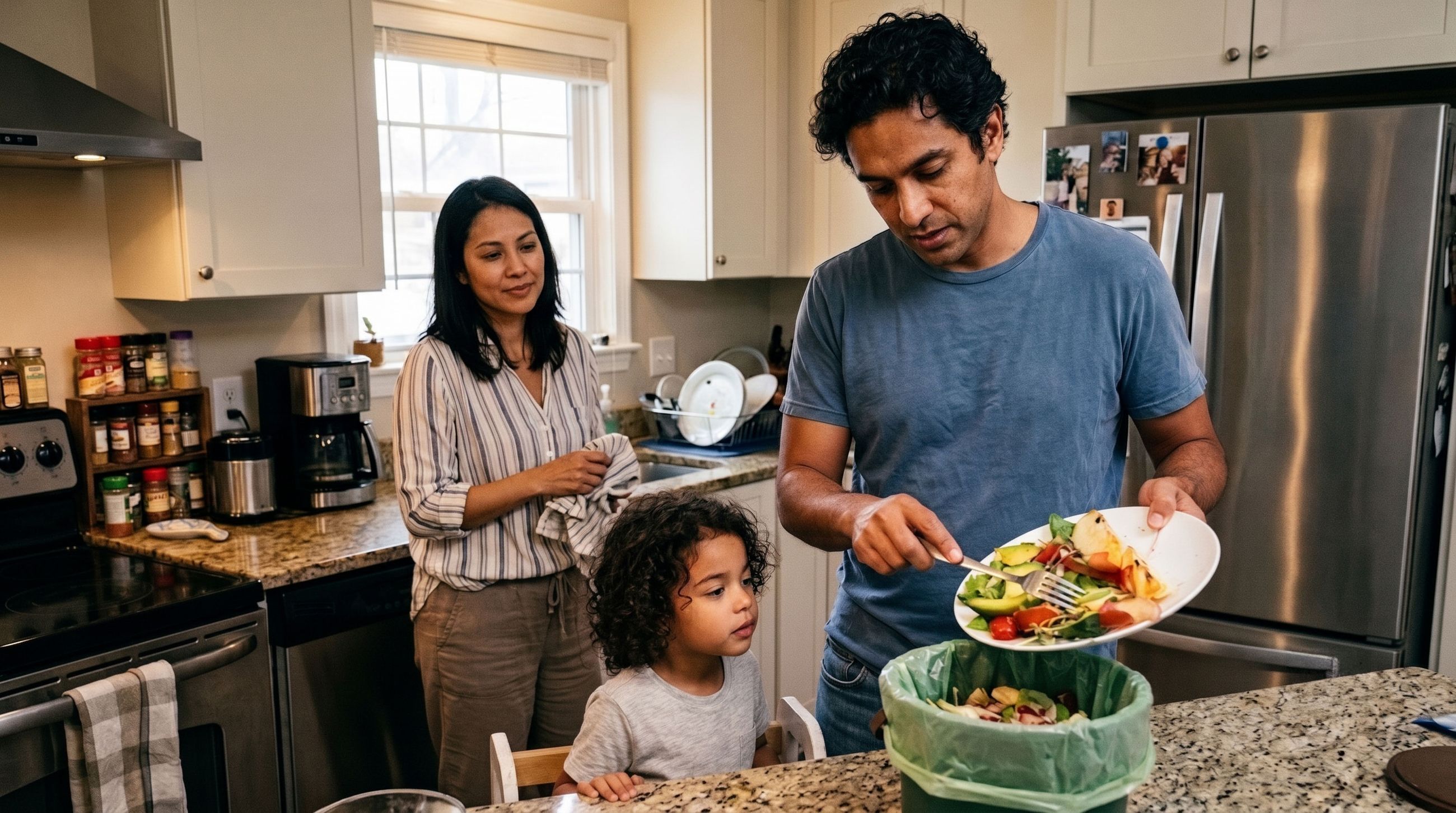 Family in a London kitchen with dad scraping food waste into a food waste caddy
