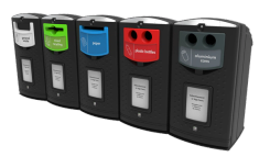 The bin is able to collect mixed recyclables, including plastic bottles, aluminium cans, paper cups and paper