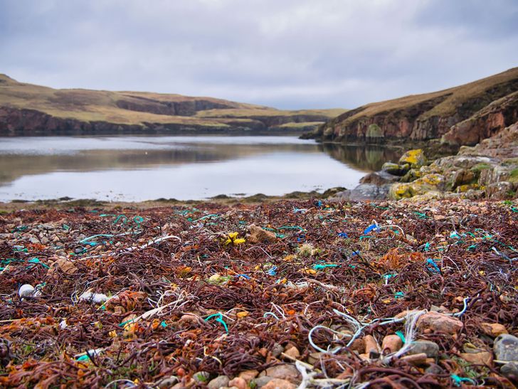 Plastic waste and pollution washed up on the remote beach in Shetland