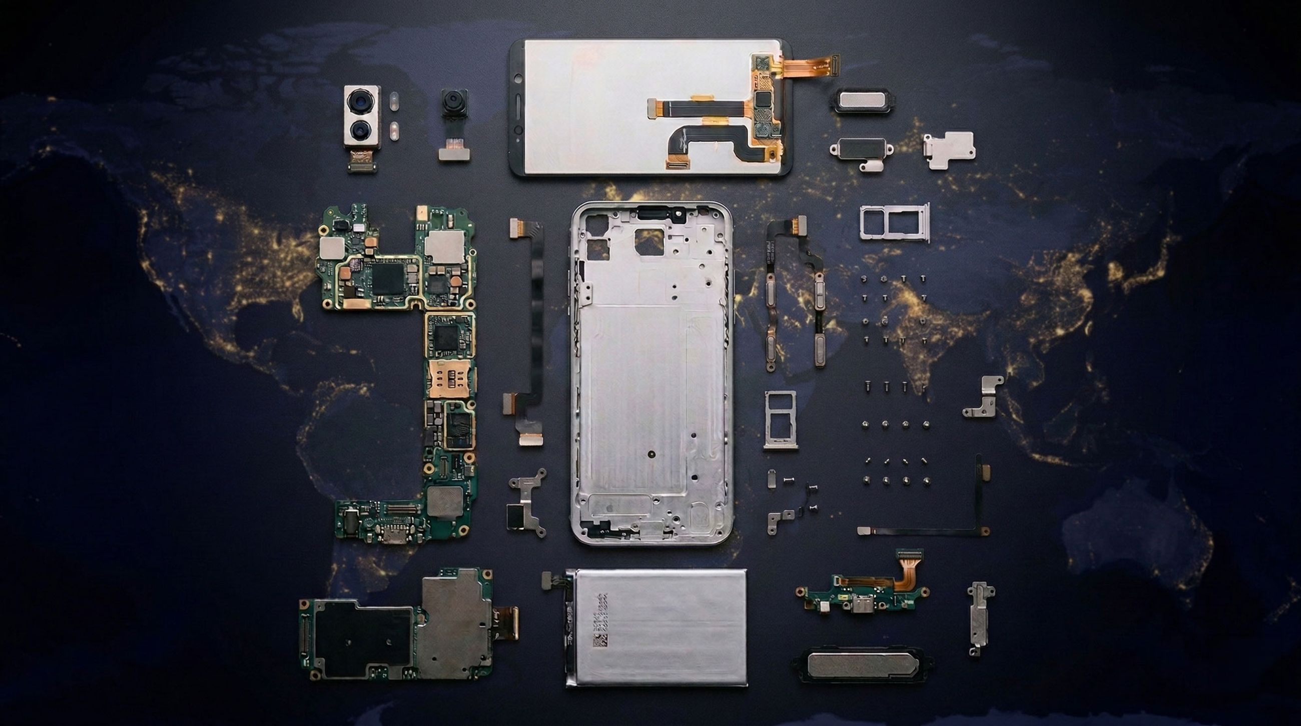 Smartphone parts set over picture of a world map at night
