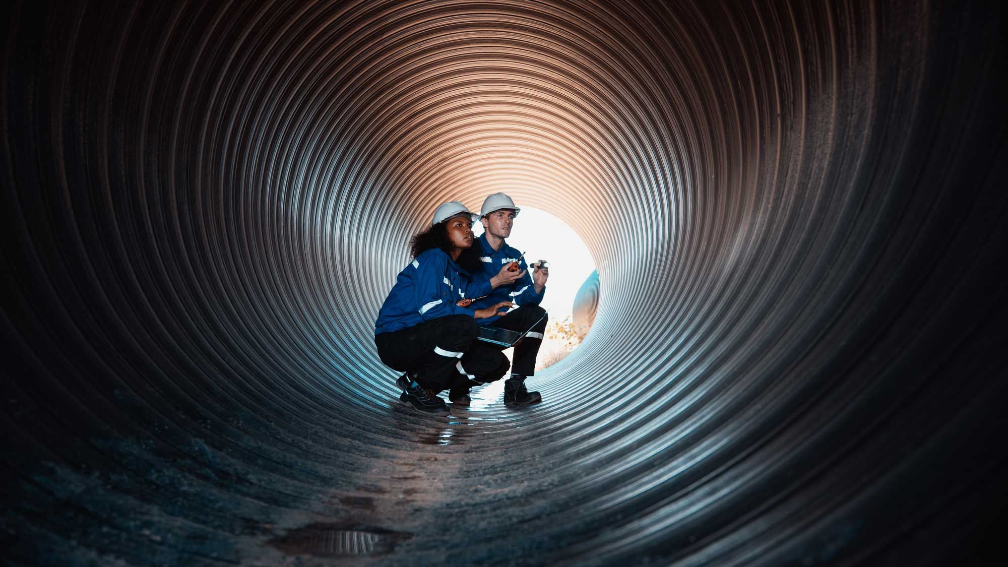 Man and a woman inside a large circular metal pipe inspecting the integrity of it